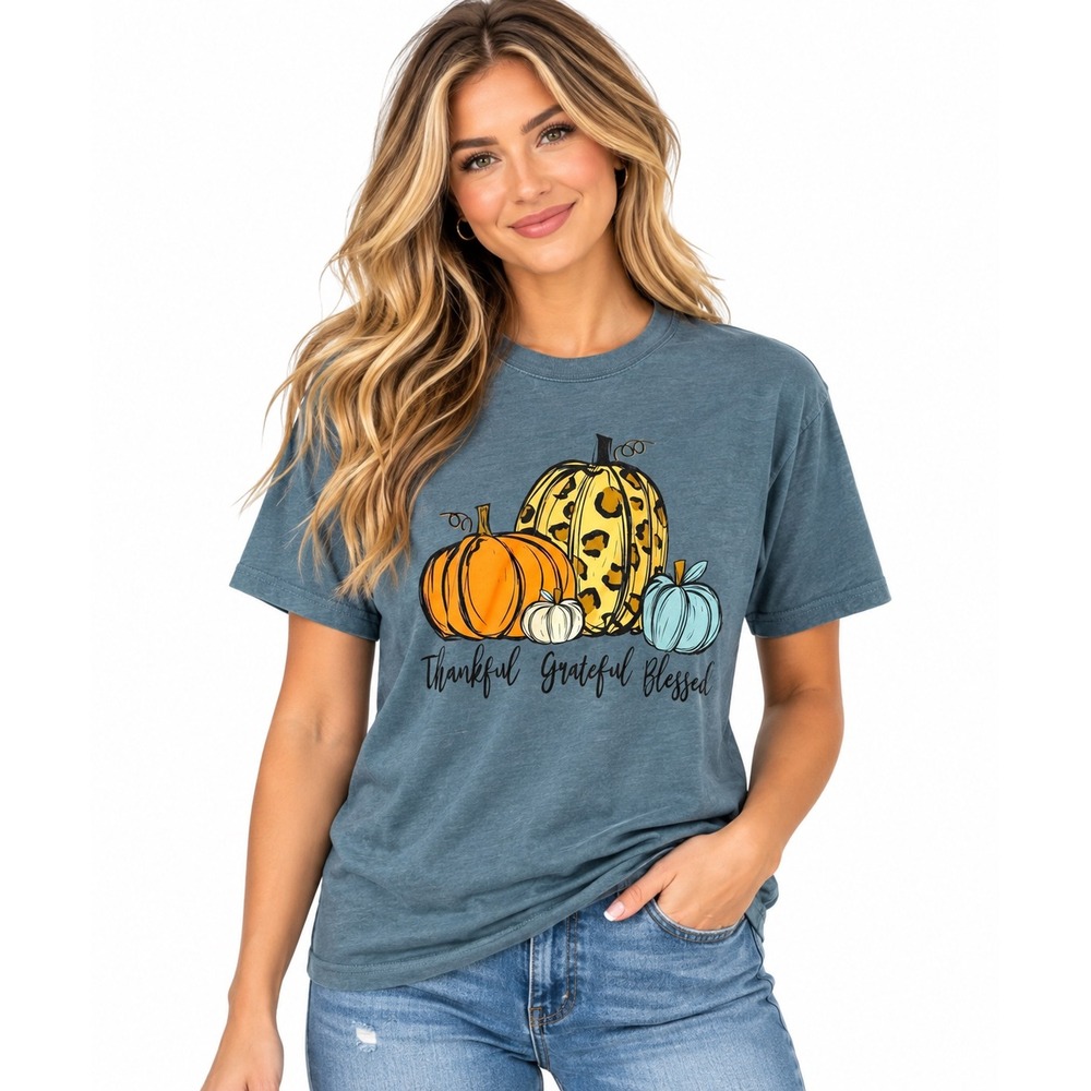 Love in Faith Christian Pumpkin T-Shirt Thankful Grateful Blessed Blue Medium